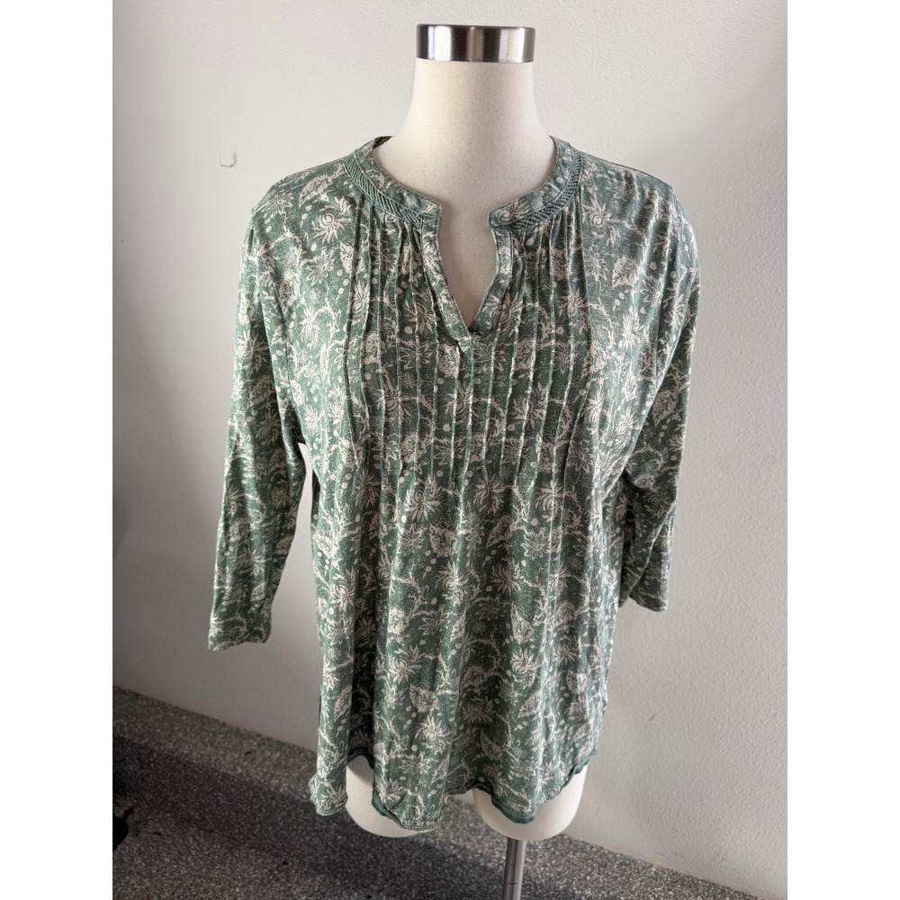 Lucky Brand Womens 1X Green Floral Print Knit Top 3/4 Sleeve Cotton Modal